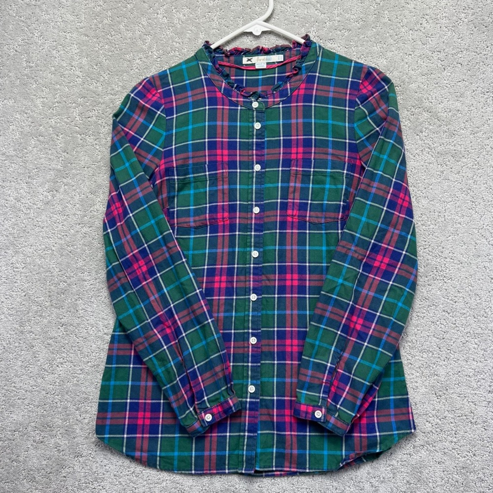 Boden Flannel Shirt Womens Size 6 Green Pink Plaid Ruffle Neck Button Up Casual